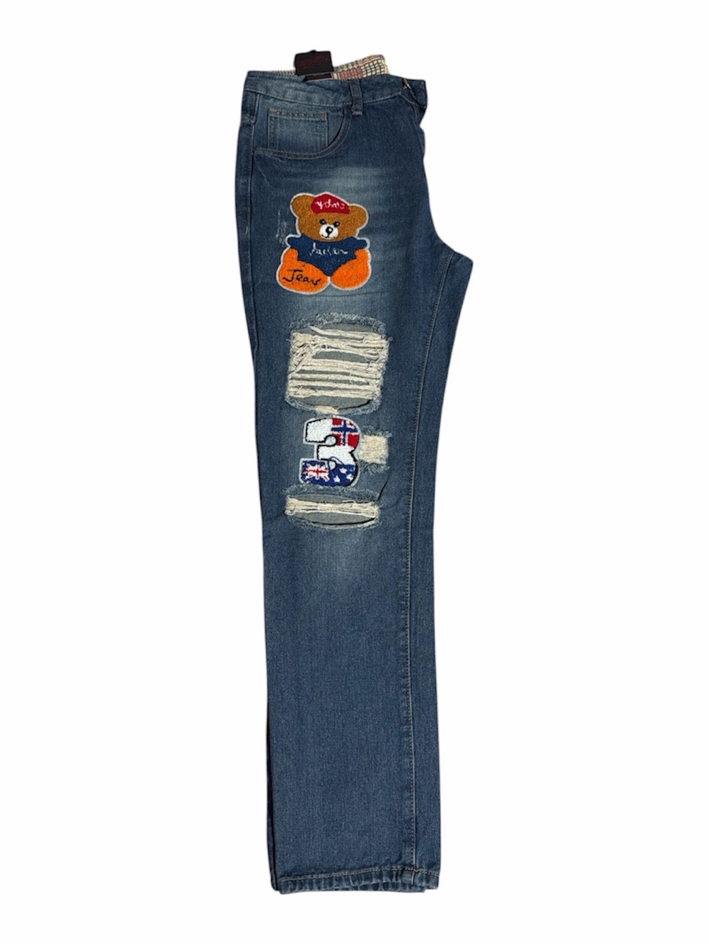 SL Fashions Slim Straight Dark Blue Jeans with Teddy & Patch Details